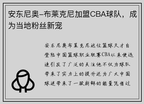 安东尼奥-布莱克尼加盟CBA球队，成为当地粉丝新宠